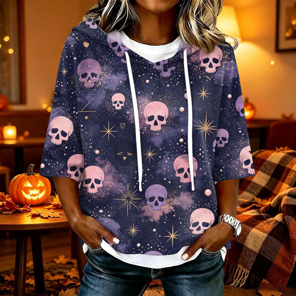 Women's Halloween Print Casual Loose Fit Hooded Top with and Three-Quarter Sleeves