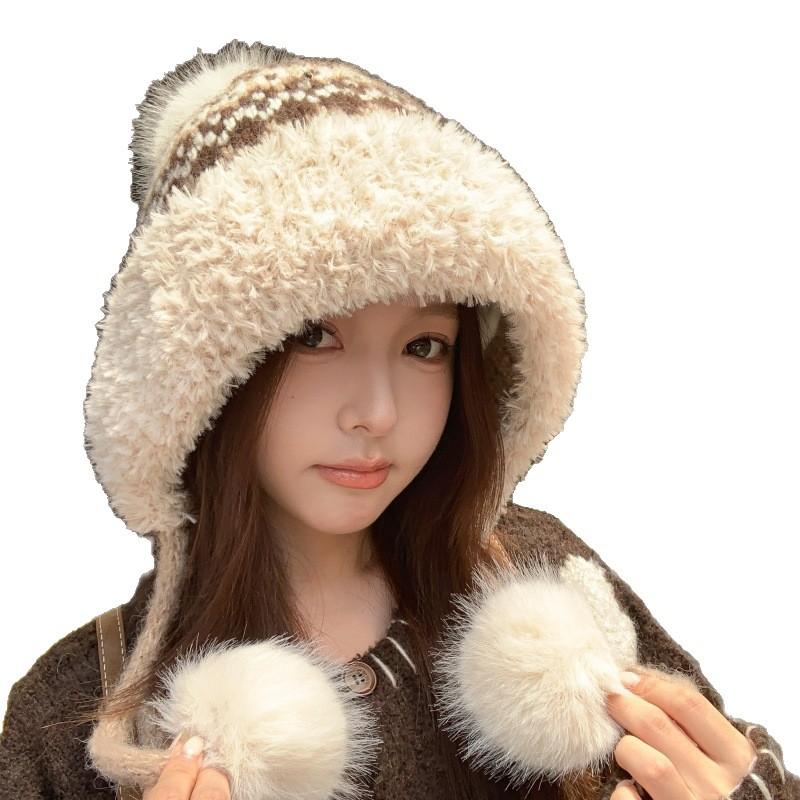 Autumn and winter new Fair Island knitted hat fashionable big head circumference fleece ear protector wool hat casual face small pullover hat