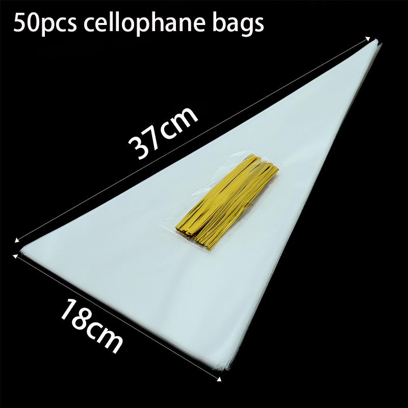 50pcs Clear Cellophane Candy Cone Cookie Biscuit Packaging Bag For DIY Wedding Birthday Party Favors Halloween Christmas Treats