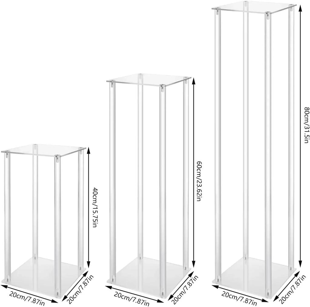 3Pcs High Clear Flower Stand, Rectangular Acrylic Flower Column, Removable Geometric Flower Shelves for Birthday Parties