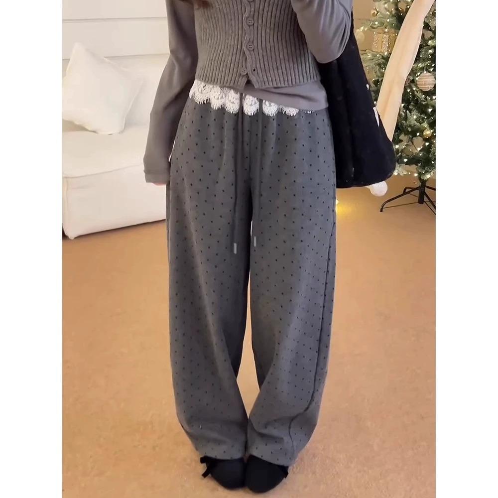Korean Lace Trim Polka Dot Casual Wide Leg Pants for Women, Elastic Waist, Slim Fit, Spring/Autumn