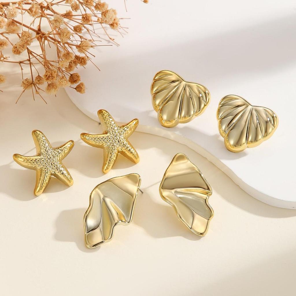 Retro Minimalist Starfish Heart 3-Piece Earring Set – Versatile Fashion CCB Hollow Design