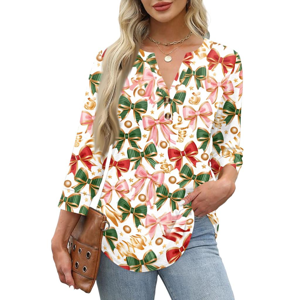 Women's Christmas Print Neck Three Quarter Sleeve T-Shirt Casual Holiday Top