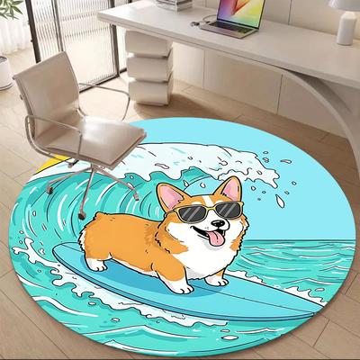 1 Stück Surfing Corgi Büro Runder Teppich, Indoor-Matte Geeignet für Büro, Unter Bürostühlen Schlafzimmer Wohnzimmer Heimdekoration, Raumdeko, f008