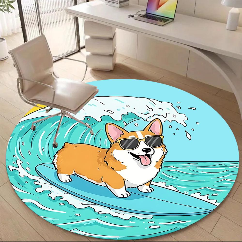 1PC Surfing Corgi Office Round Area Rug, Indoor Mat Suitable ForOffice, Under Office Chairs Bedroom Living Room Home Decor, Room Deco f008