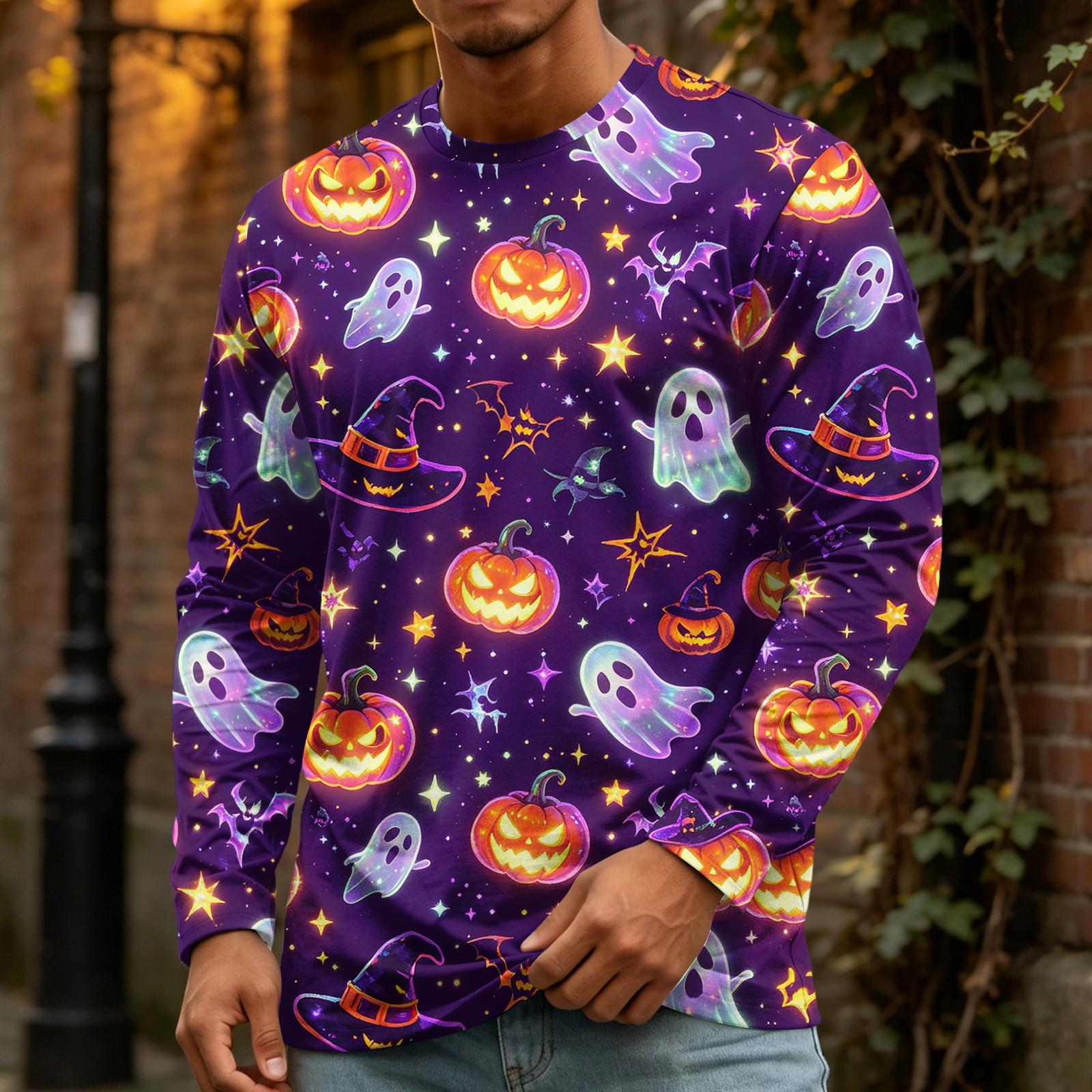 Men s Halloween Printed Crewneck Long Sleeve Top Casual Loose Fit XXL жёлтый
