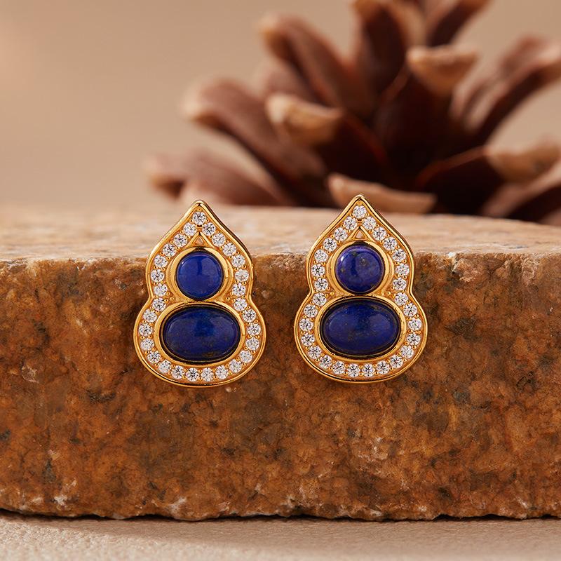 Natural Garnet Turquoise Hetian Jade Lapis Lazuli Nanhong Gourd Pendant Necklace Women'S Set S925 Sterling Silver Colored Treasure