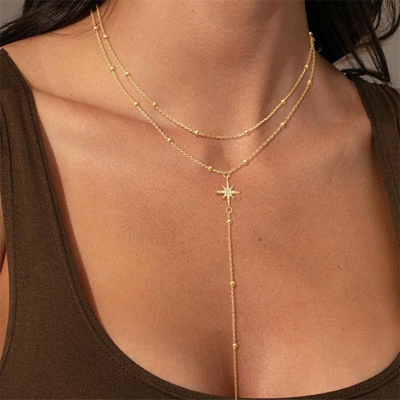 Gold Color Double Layered Long Tassel Chain Necklaces for Women Simple Metal Geometric Sun Bead Choker Party Charm Jewelry Gifts