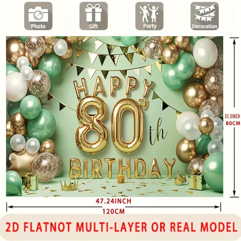 

2D 80th Birthday Party Backdrop, Mint Green & Gold Balloons Photo Booth Background 47.2x31.5inch/120*80cm