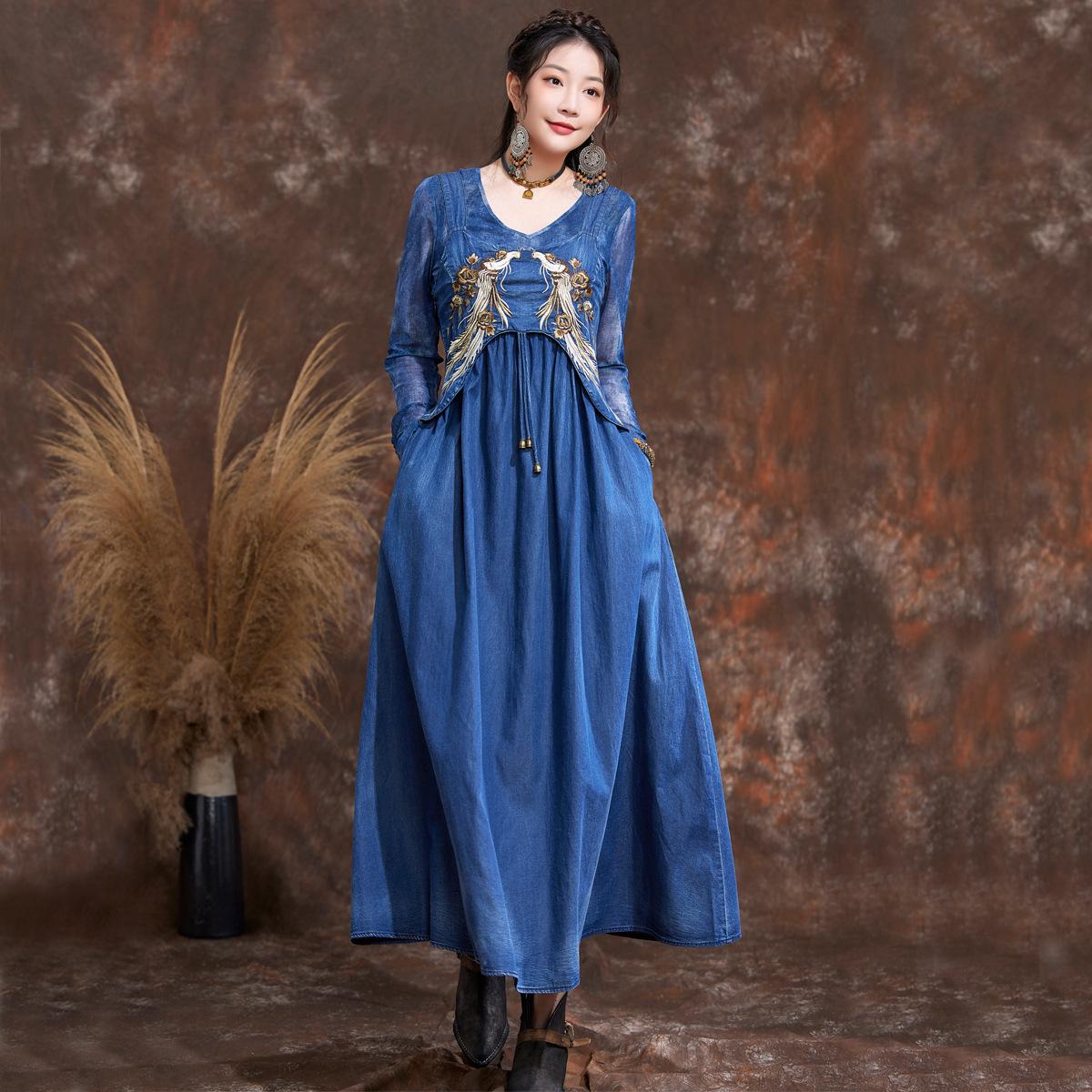 

Johnature осень-лето женское винтажное платье с вышивкой на подтяжках с горизонтальным воротником повседневное платье XL темно-синий