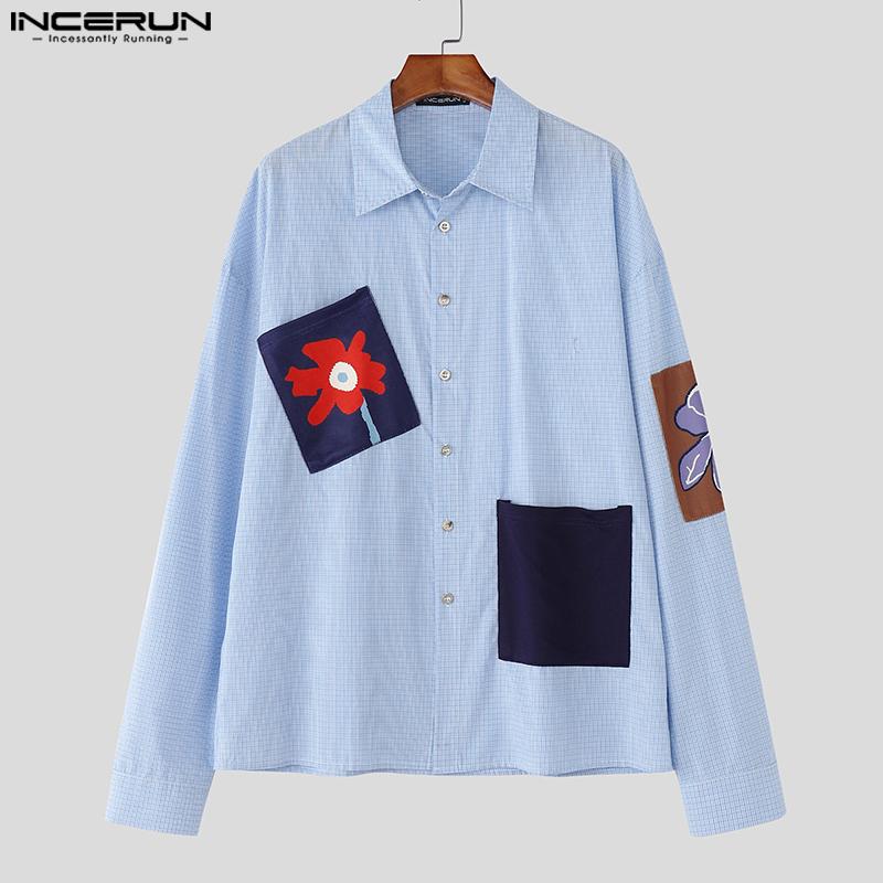 INCERUN Oversized Men Lapel Neck Long Sleeve Floral Print Plaid Casual Shirts Tops