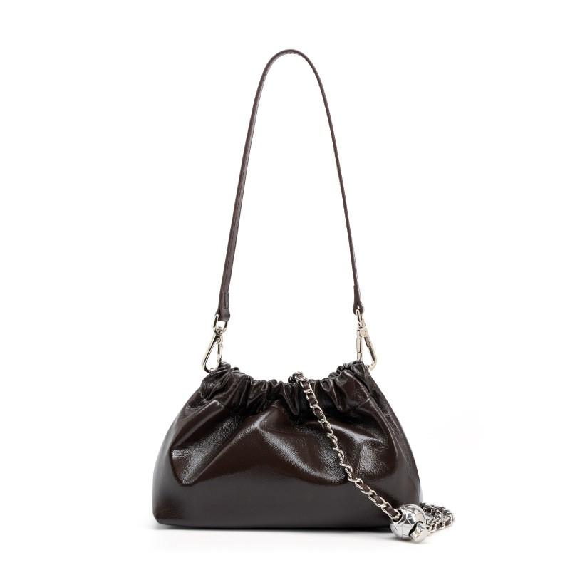 Little Golden Ball Chain Wrinkled Cloud Bag Handbill Shoulder Underarm Black Leather Design Unique Crossbody