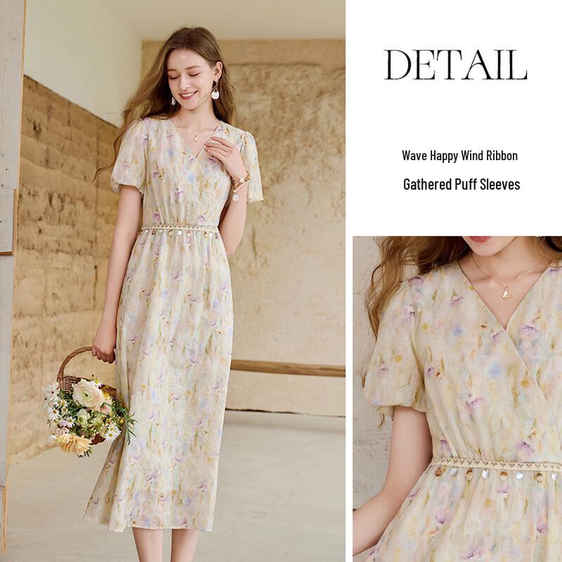 Bohemian Floral V-Neck Bubble Sleeve Midi Dress