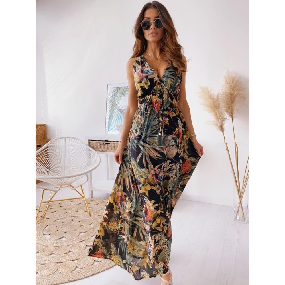 Women's V Neck Sleeveless Tropical Print Maxi Dress High Waist A Line Casual Beach Dress