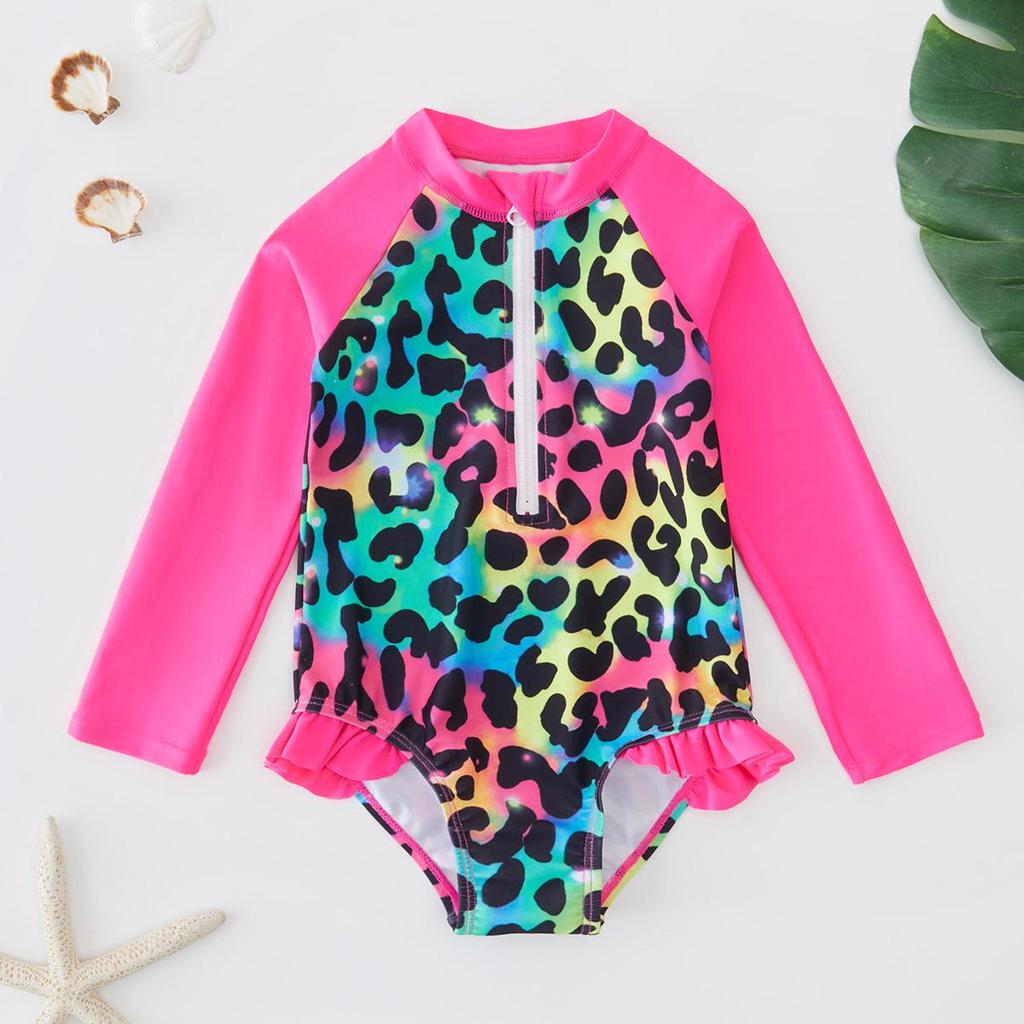 2025 Girls' Long Sleeve Fish Scale One-Piece Swimsuit with Sun Protection