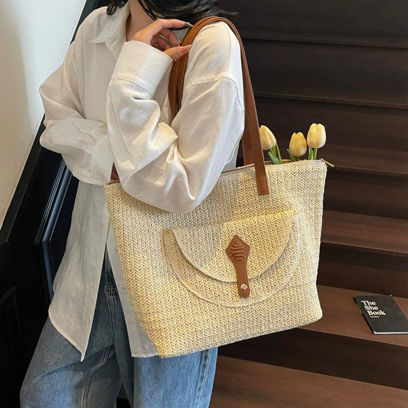 Yogodlns Women's Woven Straw Tote Bag Leather Patchwork Decor Large Capacity Casual Daily Beach Vacation Shoulder Handbag