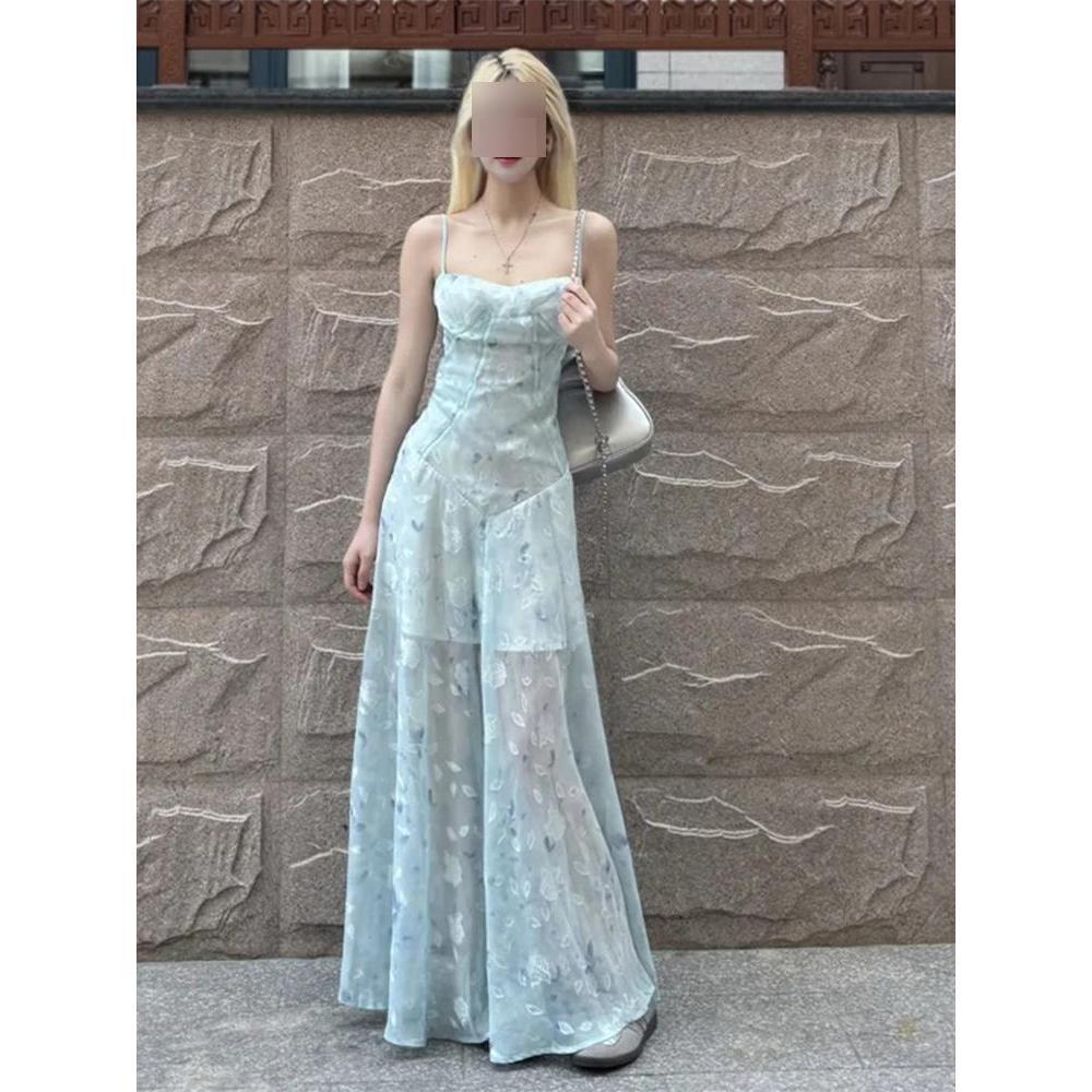 

Женское платье-майка французского синего цвета с цветочным принтом – Элегантное, подчеркивающее талию, идеально для летних морских каникул. M (recommended for 45-50kg) синий