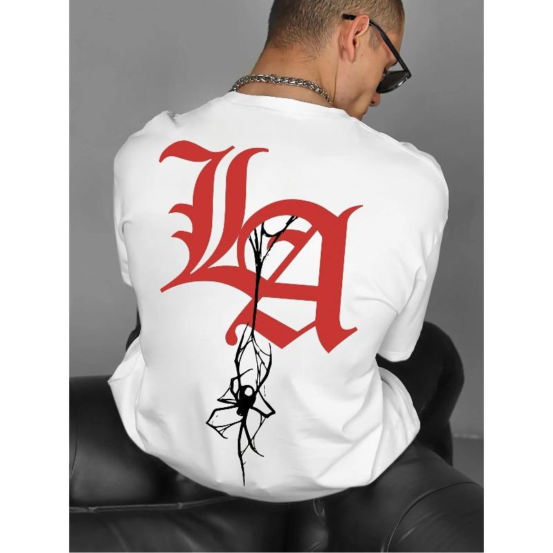 

European Size Men s Oversized Gothic LA Spider Web & LA Lettering Graphic T-Shirt - White with Red Print, Oversized Round Neck Short Sleeve S чёрный