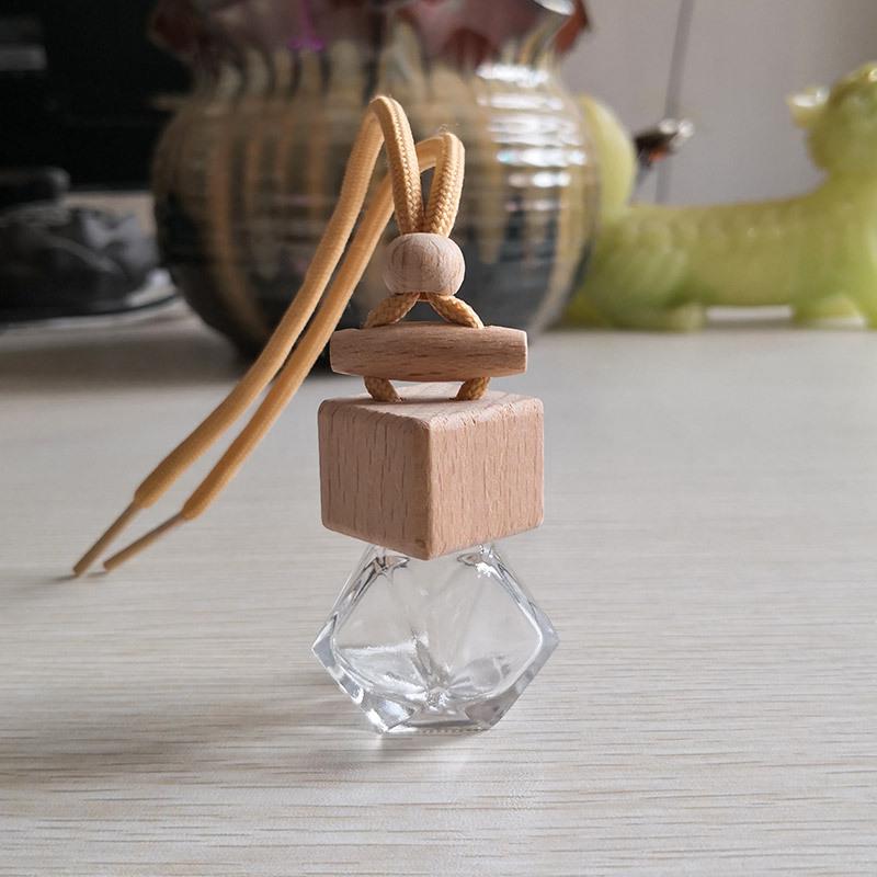 Square Glass Car Perfume Pendant Bottle with Beechwood Lid