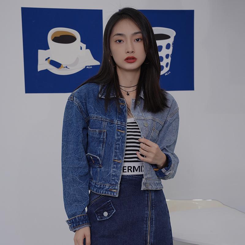 Women's Color Block Long Sleeve Denim Jacket with Inverted Pockets