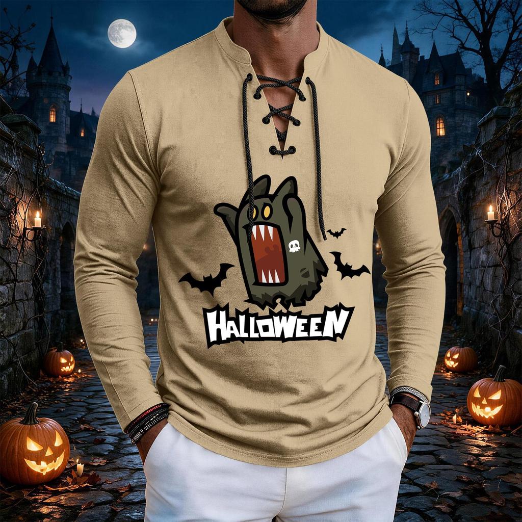 Men's Halloween print retro Henry collar lace-up long-sleeved T-shirt