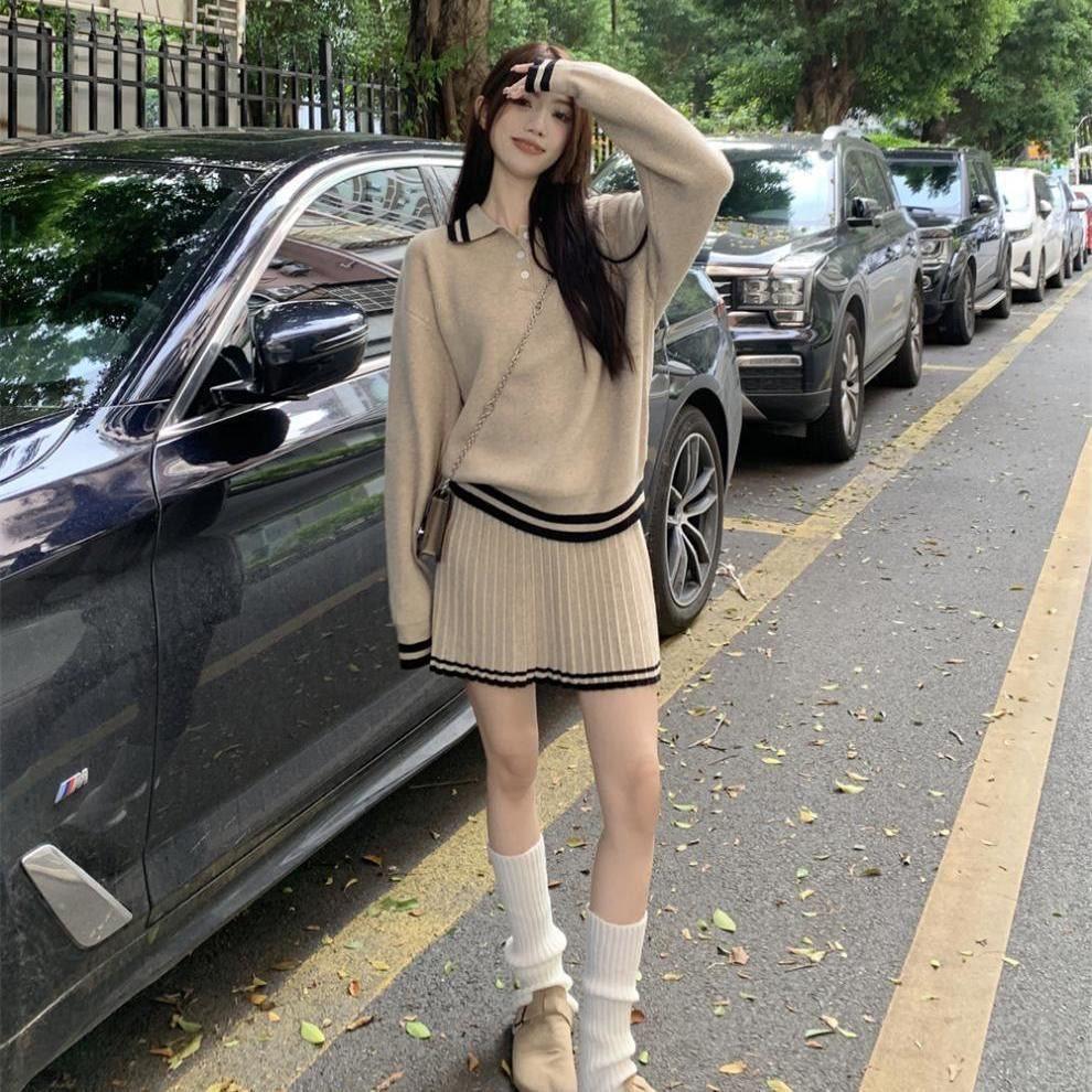 Korean Style Loose Fit Knitted Sweater & Pleated Midi Skirt Two-Piece Set
