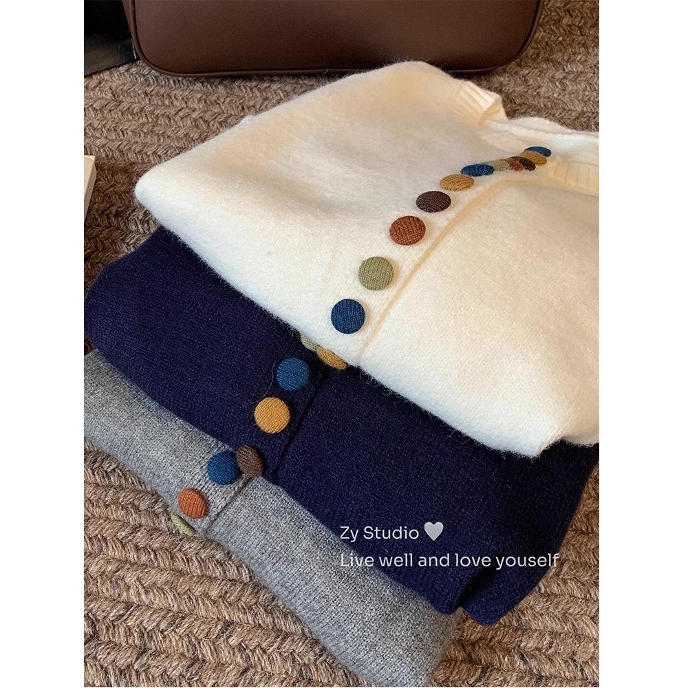 Women's Autumn 2024 Red Knitted Sweater Cardigan - Colorful Button, Crew Neck, Long Sleeve, Soft Angora Blend.