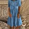 2024 Multi-Button Midi Denim Dress with Pockets - Short Sleeve