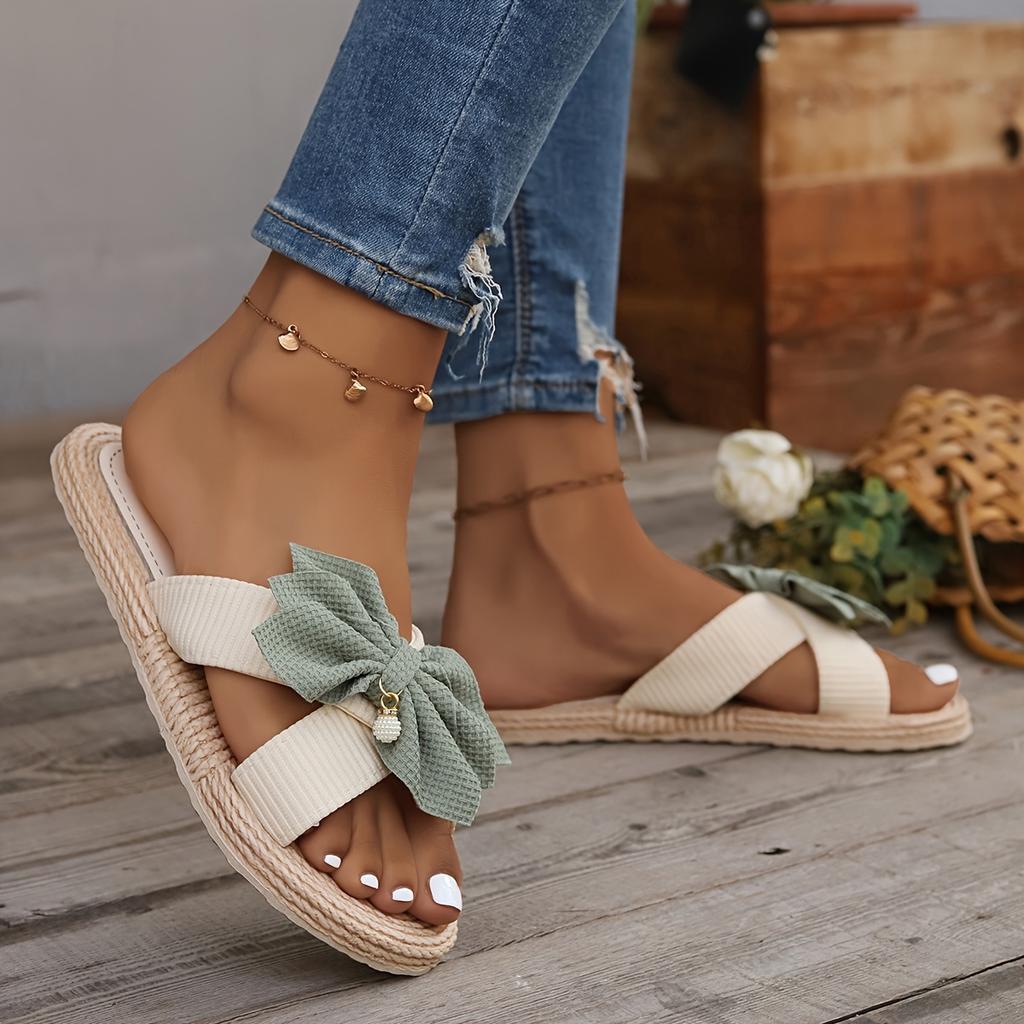 Women's Vintage Style Slide Sandals - Breathable Linen Fabric, Round Toe, Flat Heel with EVA Sole & Insole, Green Bow Detail, Perfect for Summer