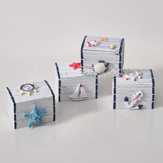 Yousheng Coastal Wooden Trinket Box Handcrafted Nautical Jewelry Box with Starfish Shells Rustic Decorative Storage Box for Beach Home Decor