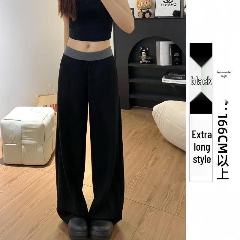 Women's Plus Size Fleece-Lined Black Patchwork Casual Wide-Leg Sweatpants for Autumn/Winter