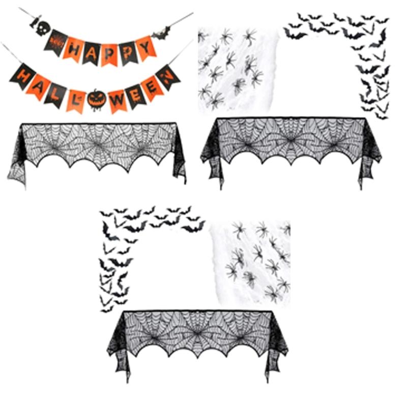 Lace Table Runner Spiderweb Mantel Scarf Cover for Holiday Party Decoration, Black Spiderweb Mantel Scarf