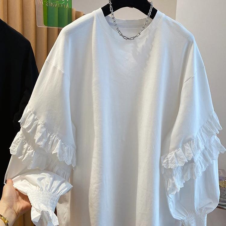 French super fairy lace fungus edge splicing T-shirt women's long sleeves 1116 new loose casual beautiful crew neck top
