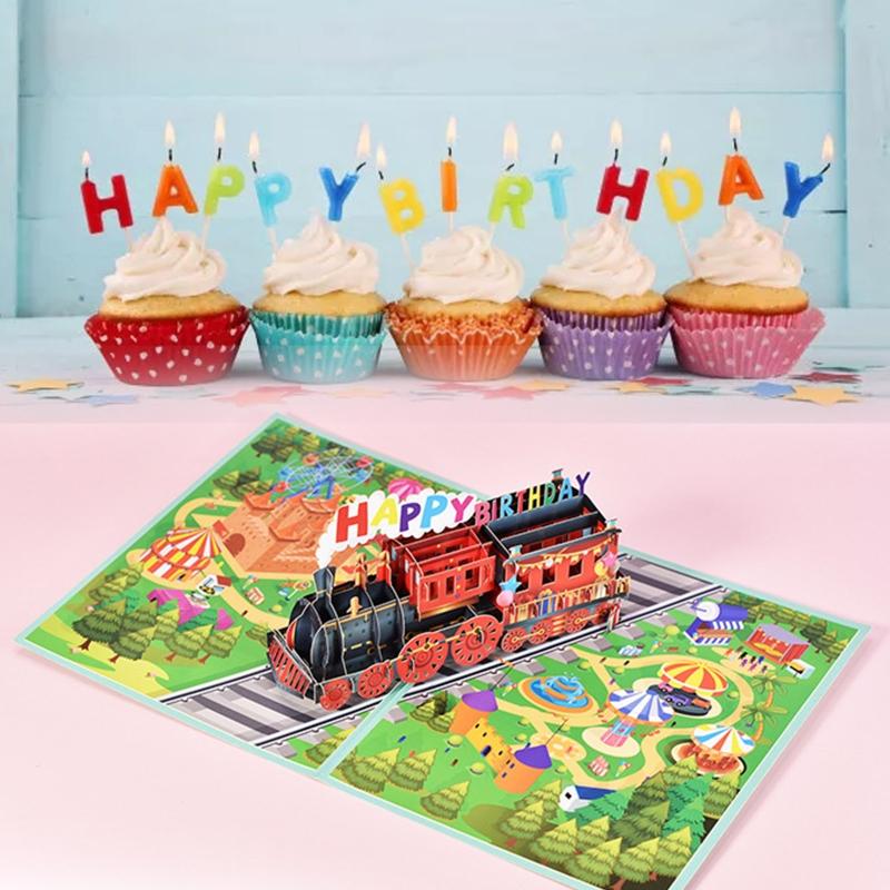 Train 3D Greeting Card Happy Birthday Card with Envelope Creative Fathers Day Gift for Dad Grandad Husband
