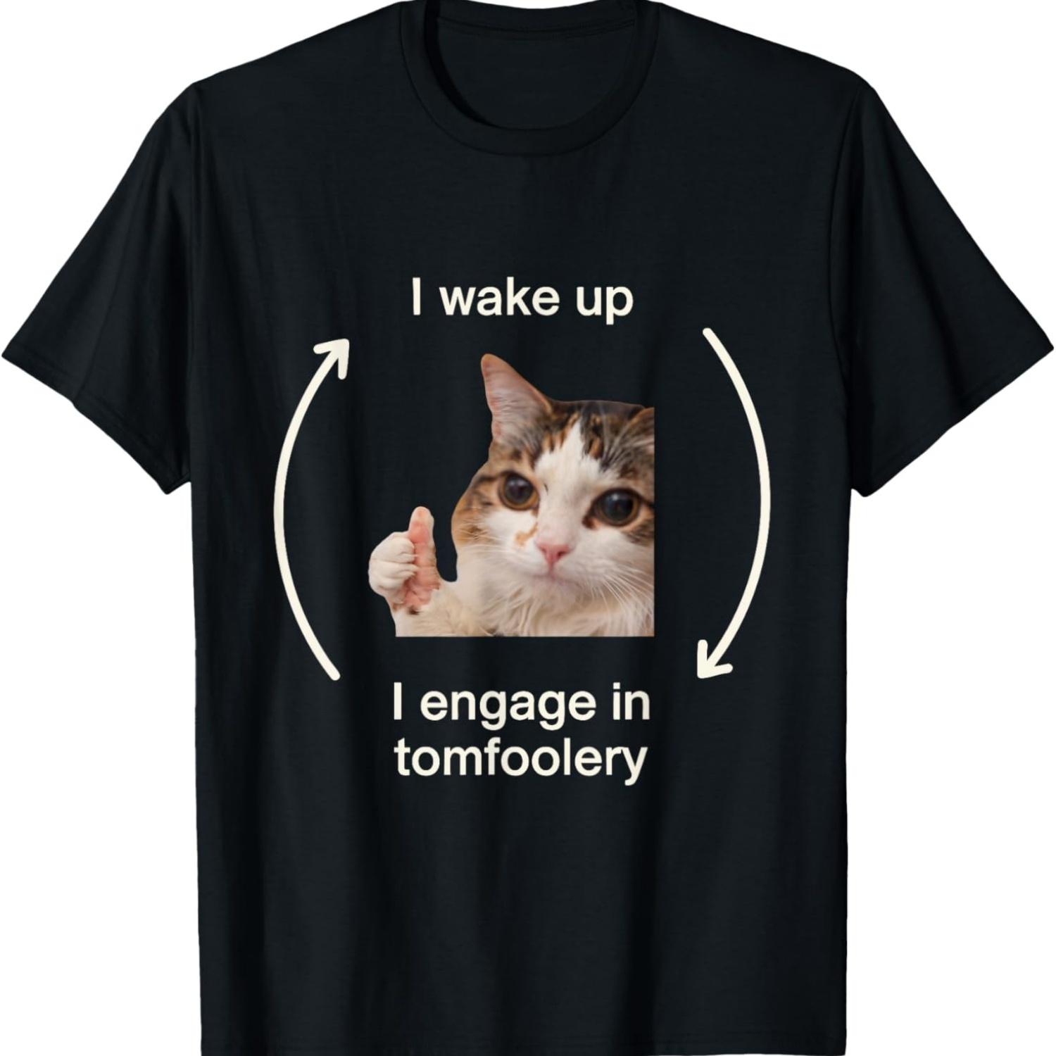 I Wake Up I Engage Tomfoolery Silly Cat Meme Funny T-Shirt for Men Women S
