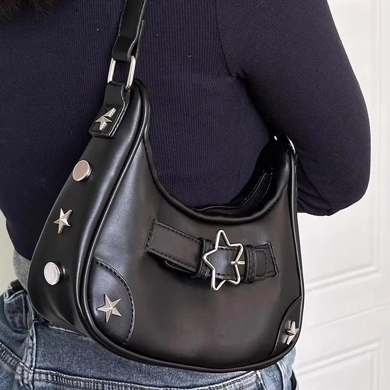 Women's Fashi PU Small Shoulder Bag Y2K Star Armpit Purse American Retro Black Chic Hobo Bag High Quality Designer New Handbag