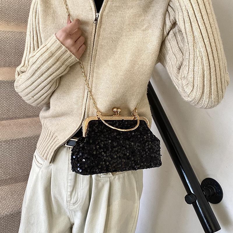 Luxury Glitter Sequins Clutch Handbag Women Metal Top Handle Messenger Tote Bags Crossbody Shoulder Chain Lady Commuting Purse