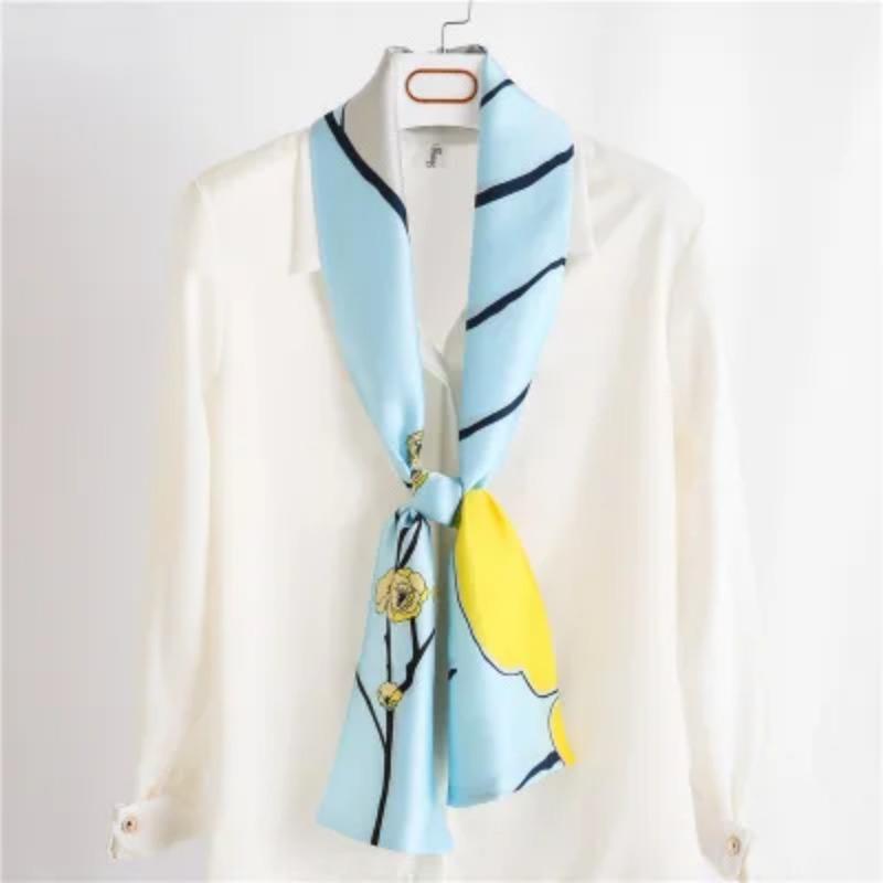 Hijab Real Long Silk Women Print Elegant Neck Scarves Hair Head Ribbon Tie Bag Handle Decoration Foulard Collar Kerchief