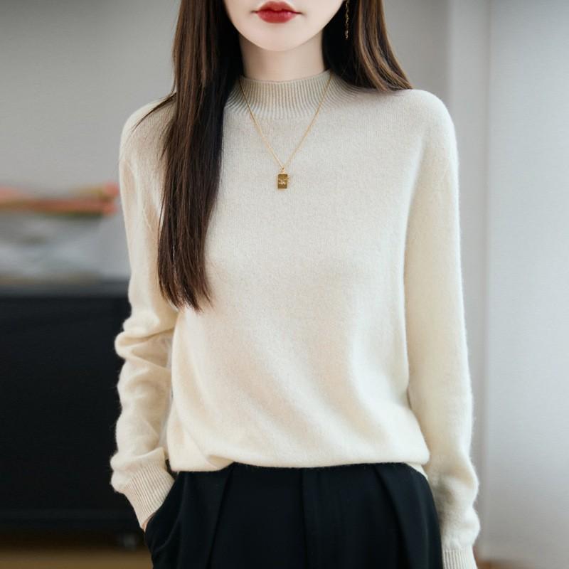 Вязаный свитер с полувысоким воротником, женский пуловер, новый осенне-зимний свободный базовый слой, теплый базовый слой M бежевый