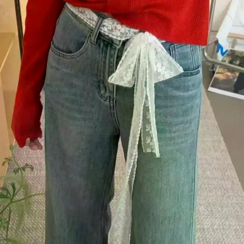 Unique Y2k Long Lace Waistband Floral Bow Lace Waist Belt Tie Up Thin Dress Jeans Belt Lace Scarf Hair Band Hair Accessories