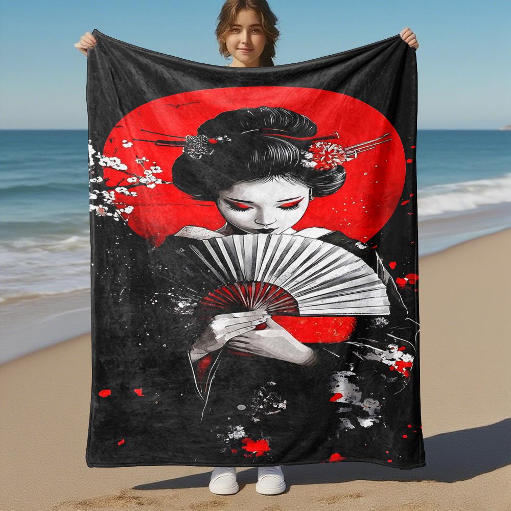 1pc Geisha Sakura Outdoor Flannel Blanket Soft Warm All-Season Throw for Sofa Bed Car Camping Office, Cozy Gift Idea1182S