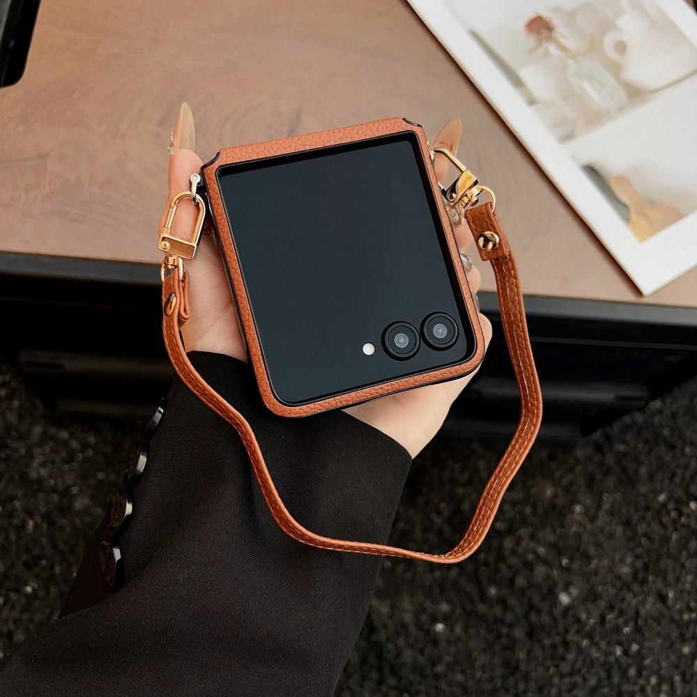 For Samsung Galaxy Z Flip 8 Case Luxury PU Leather Skin with Lanyard Protective Back Cover Case for Z Flip 8 Phone Shell