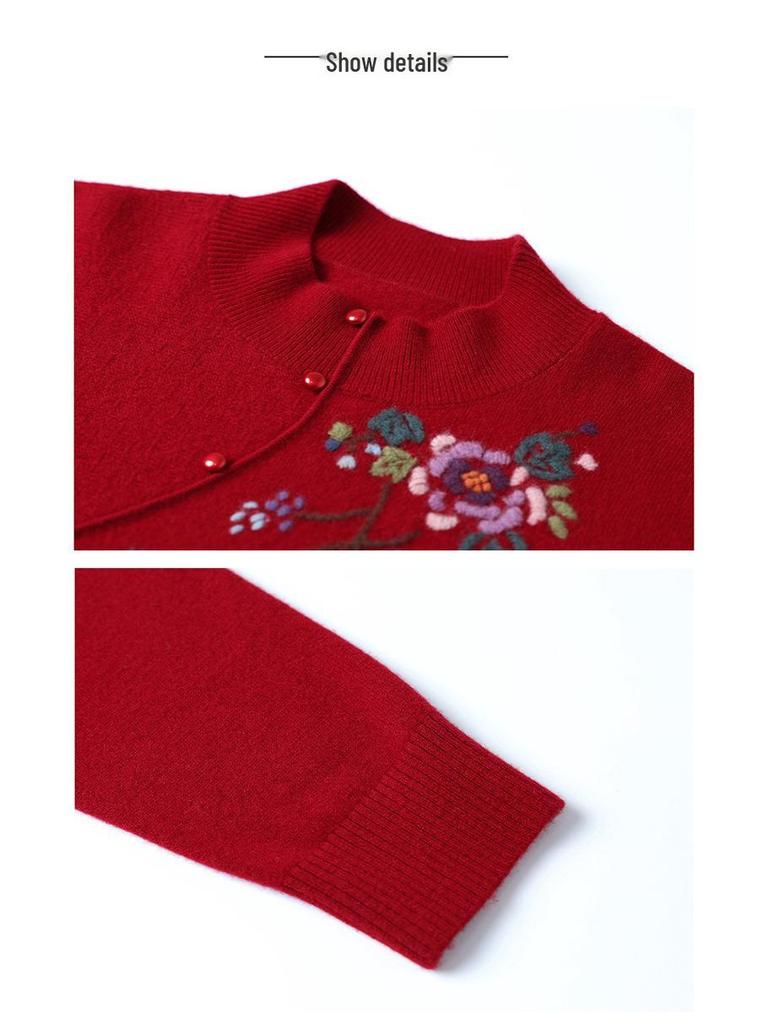 Elegant 100% Wool Embroidered Sweater - Women's Autumn/Winter Half-High Neck Top