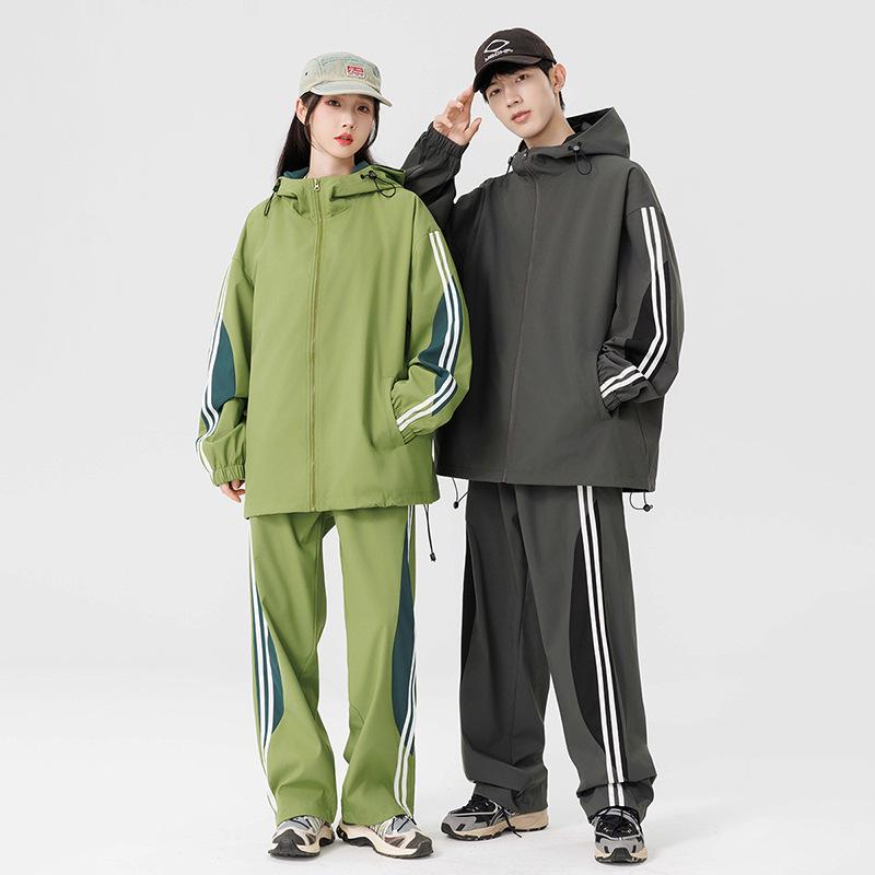 Men's Autumn Color Block Striped Windbreaker & Waterproof Hiking Pants Set