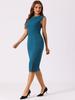 Allegra K Sheath Pencil Round Slim Peacock Size XS Women's Dress, Neck, Fit, Sleeveless, Blue,