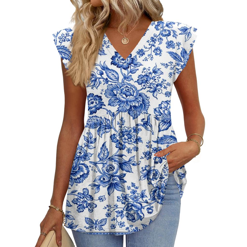 Womens Tops Fashionable V-neck Ruffled Sleeve Short-sleeved T-shirt Business Blouses
