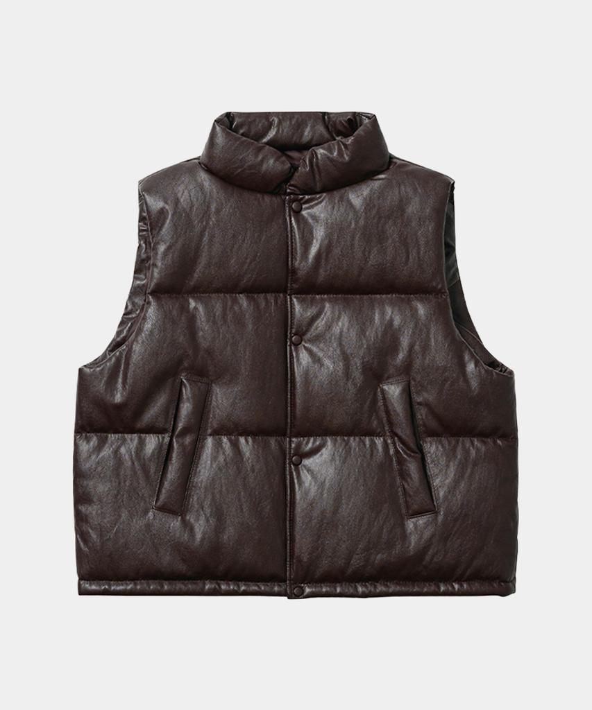 Leftseoul Synthetic Leather Short Padded Vest [Brown]