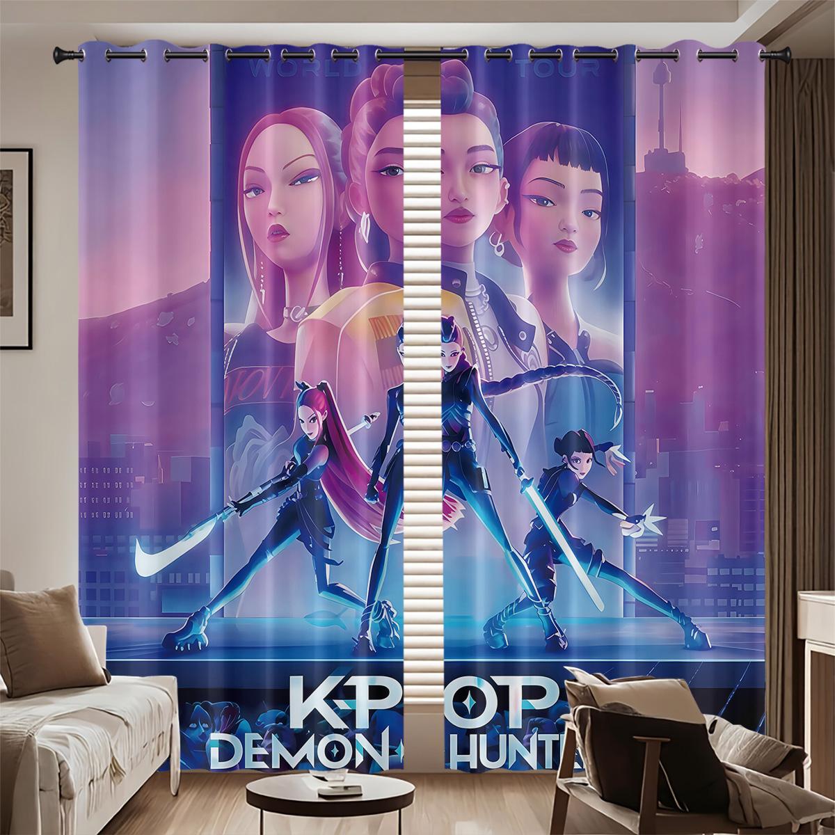 

2Pcs K-Pop Demon Hunters Print Perforated Blackout Curtains Multiple Size Living Room Insulation Decoration, Machine Washable 214x214&Grommet Top