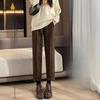 Woolen High-Waist Fleece-Lined Slimming Cigarette Pants, Autumn/Winter, Elastic Waist, Cropped Loose Fit