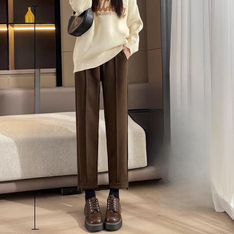Woolen High-Waist Fleece-Lined Slimming Cigarette Pants, Autumn/Winter, Elastic Waist, Cropped Loose Fit